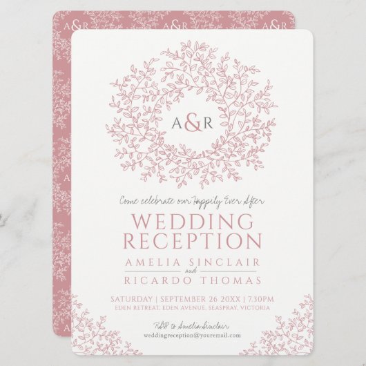 Invitation Mariage réception art monogramme feuille rose blus (Devant / Derrière)