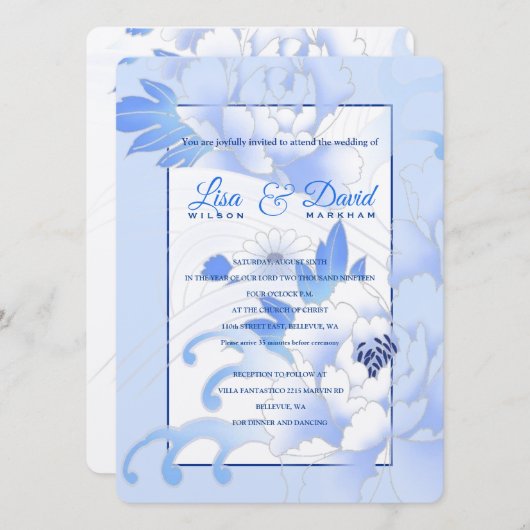 Invitation Mariage & Réception Invitation-Peonies Bleues (Devant / Derrière)