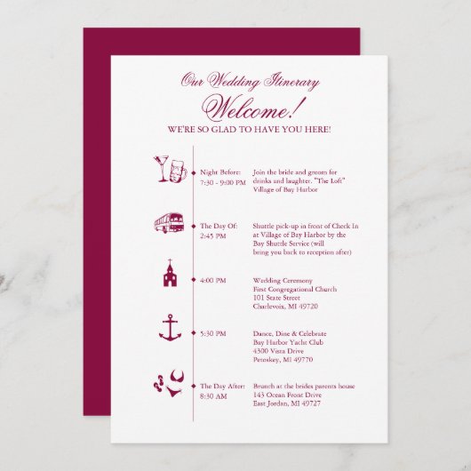 Invitation Mariage Réception Itinéraire Timeline in Wine (Devant / Derrière)