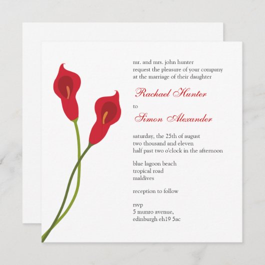 Invitation Mariage Red Calla Lilies (Devant / Derrière)