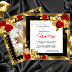 Invitation Mariage Red Gold Roses Black Gold Photo