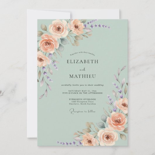 Invitation Mariage Régence Rose Vert Sauge (Devant)