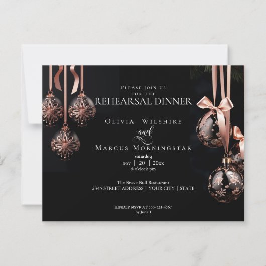 Invitation MARIAGE REHEARSAL | Winter Pink et Onyx Baubles (Devant)