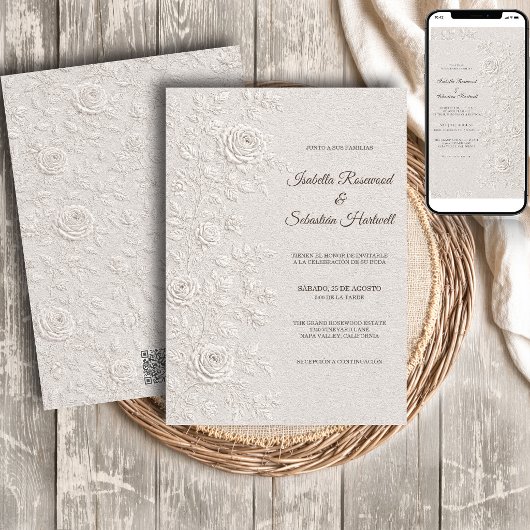 Invitation Mariage Relief Ivoire Roses Code QR