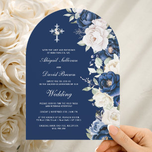 Invitation Mariage Religieux Arche Fleurs Blanches Bleu Minui