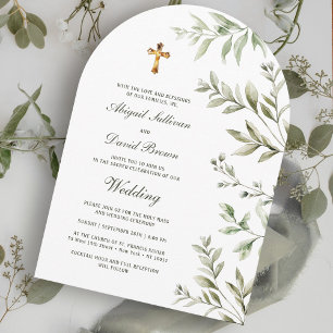 Invitation Mariage religieux avec arche de feuillage à l'aqua