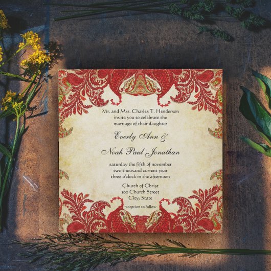 Invitation Mariage Renaissance de Paisley Peacock Rouge et Or
