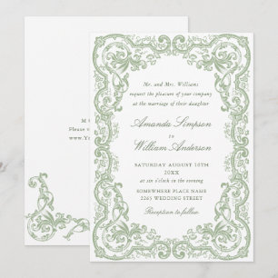 Invitation Mariage Renaissance Orné Floral Vert Sauge