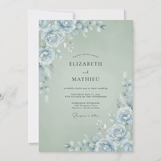 Invitation Mariage Renoncule Eucalyptus Argent Glacé (Devant)