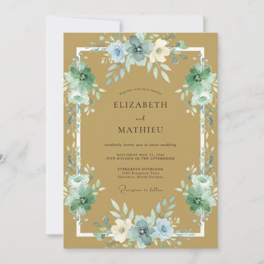 Invitation Mariage Renoncule Eucalyptus Azur Doré (Devant)