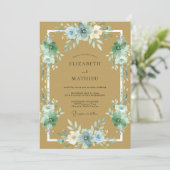 Invitation Mariage Renoncule Eucalyptus Azur Doré (Debout devant)