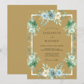 Invitation Mariage Renoncule Eucalyptus Azur Doré (Devant / Derrière)