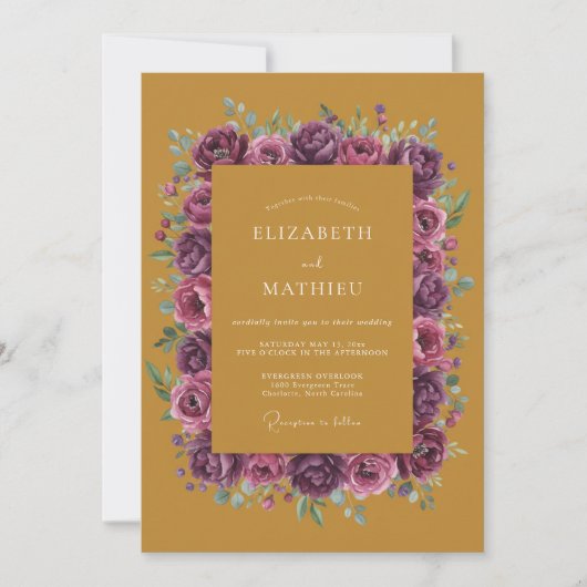 Invitation Mariage Renoncule Eucalyptus Prune Moutarde (Devant)