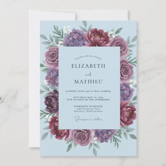 Invitation Mariage Renoncule Eucalyptus Prune Pervenche (Devant)