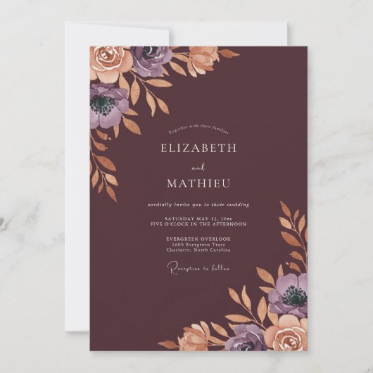 Invitation Mariage Renoncule Eucalyptus Vin Profond (Devant)