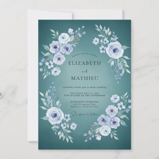 Invitation Mariage Renoncule sarcelle Feuillage Eucalyptus (Devant)