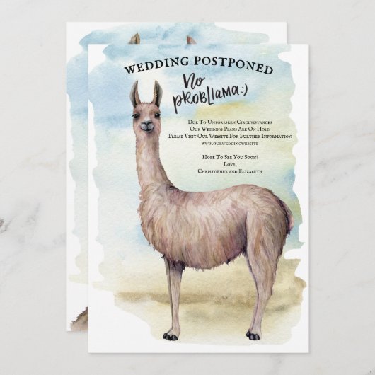 Invitation Mariage reporté à la Watercolor Funny Llama (Devant / Derrière)