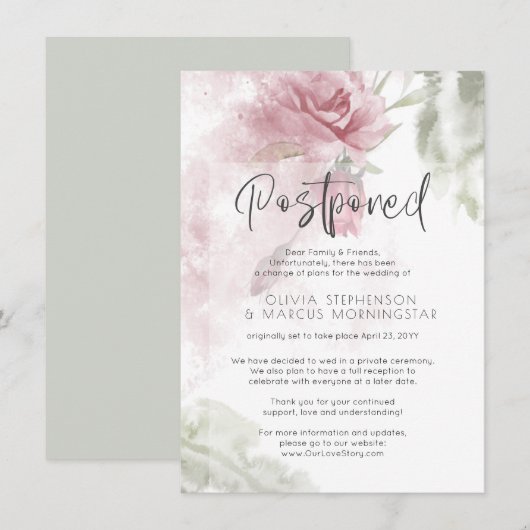 Invitation Mariage Reporté Aquarelle Fleurs Rose Poussiéreux (Devant / Derrière)