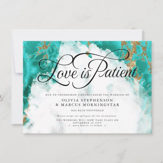 Invitation Mariage Reporté Aquarelle Géode Turquoise (Devant)