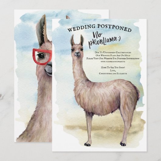 Invitation Mariage Reporté au Llama Drôle Aquarelle (Devant / Derrière)