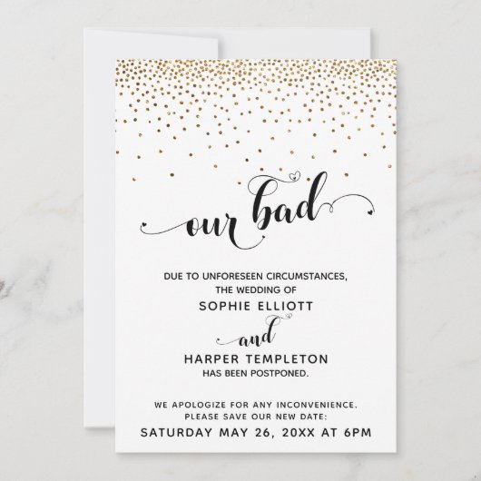 Invitation Mariage reporté Confetti Or & Coeurs Oups (Devant)