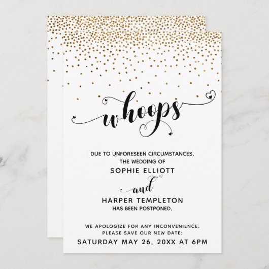 Invitation Mariage reporté Confetti Or & Coeurs Oups (Devant / Derrière)