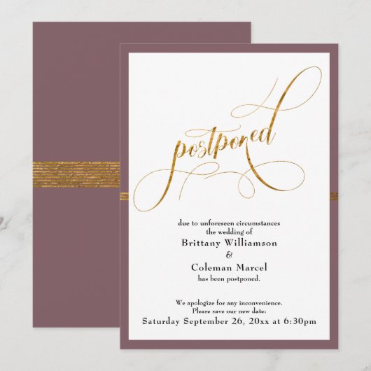 Invitation Mariage reporté Elegant Mauve & Gold Stripe Card (Devant / Derrière)