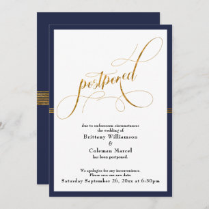 Invitation Mariage reporté Elegant Navy & Gold Stripe Card