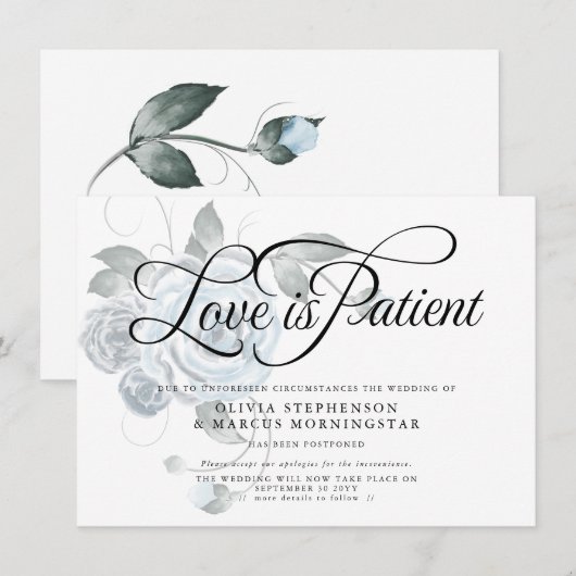 Invitation Mariage Reporté  Fleurs Bleu Poussiéreux à l'Aquar (Devant / Derrière)