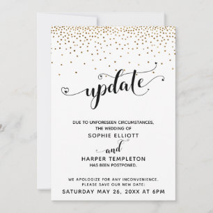 Invitation Mariage Reporté Gold Confetti & Hearts Mise à Jour