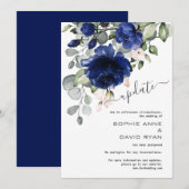 Invitation Mariage reporté Mise à jour Marine bleu rose flora (Devant / Derrière)