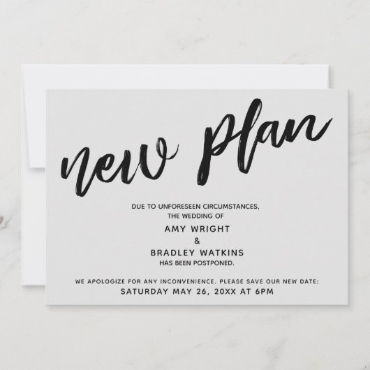 Invitation Mariage reporté "Nouveau plan" Grey (Devant)