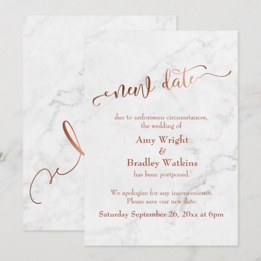 Invitation Mariage reporté "Nouvelle date" en cuivre de marbr (Devant / Derrière)