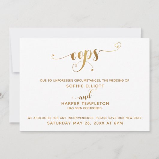 Invitation Mariage reporté "Oups !" Script Gold Hearts (Devant)