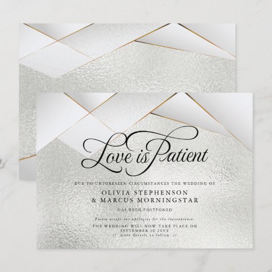 Invitation Mariage Reporté Silver Frost Or Blanc Facettes (Devant / Derrière)