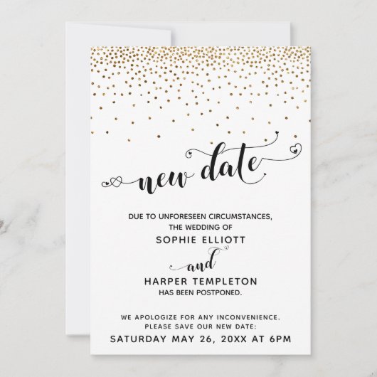 Invitation Mariage reportée Confetti et Coeurs d'or Nouvelle  (Devant)