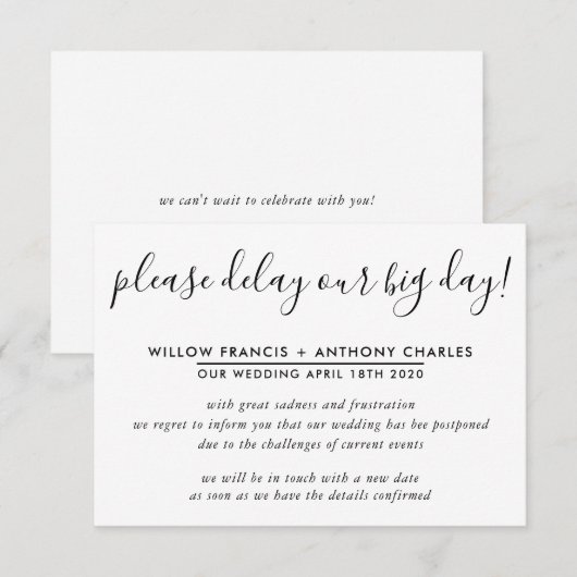 Invitation MARIAGE REPoussé report de notre grand jour info s (Devant / Derrière)