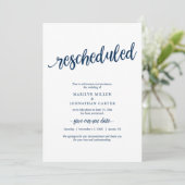 Invitation Mariage reprogrammé, Bleu marine, Annonce (Debout devant)