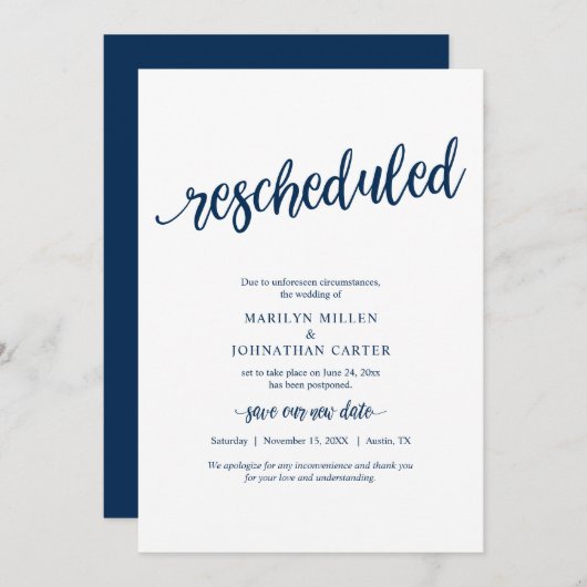 Invitation Mariage reprogrammé, Bleu marine, Annonce (Devant / Derrière)