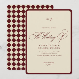 Invitation Mariage Rétro à Carreaux de Border Ivory & Bourgog