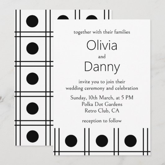 Invitation Mariage Rétro à pois noirs et blancs (Devant / Derrière)