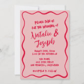 Invitation Mariage rétro amusant rose à la main (Devant)