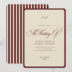 Invitation Mariage Rétro avec Bordure Rayée Ivoire & Bourgogn