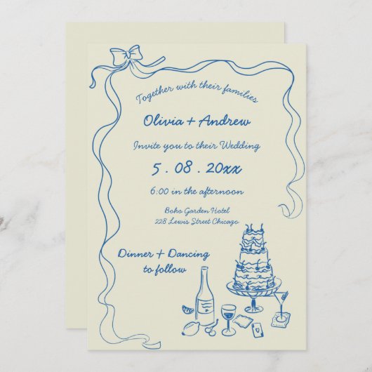 Invitation Mariage rétro avec écriture manuscrite dessinée à  (Devant / Derrière)