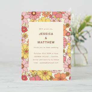 Invitation Mariage rétro boho floral rose jaune groovy