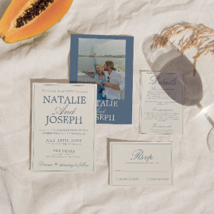 Invitation Mariage Rétro Classe Bleu Et Blanc D'argent