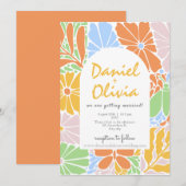 Invitation Mariage rétro coloré à cadre fleuri (Devant / Derrière)