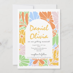 Invitation Mariage rétro coloré à cadre fleuri