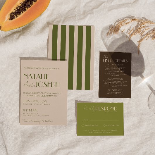 Invitation Mariage Rétro Élégant Vert Olive Brun