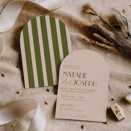 Invitation Mariage Rétro Élégant Vert Olive Courbé